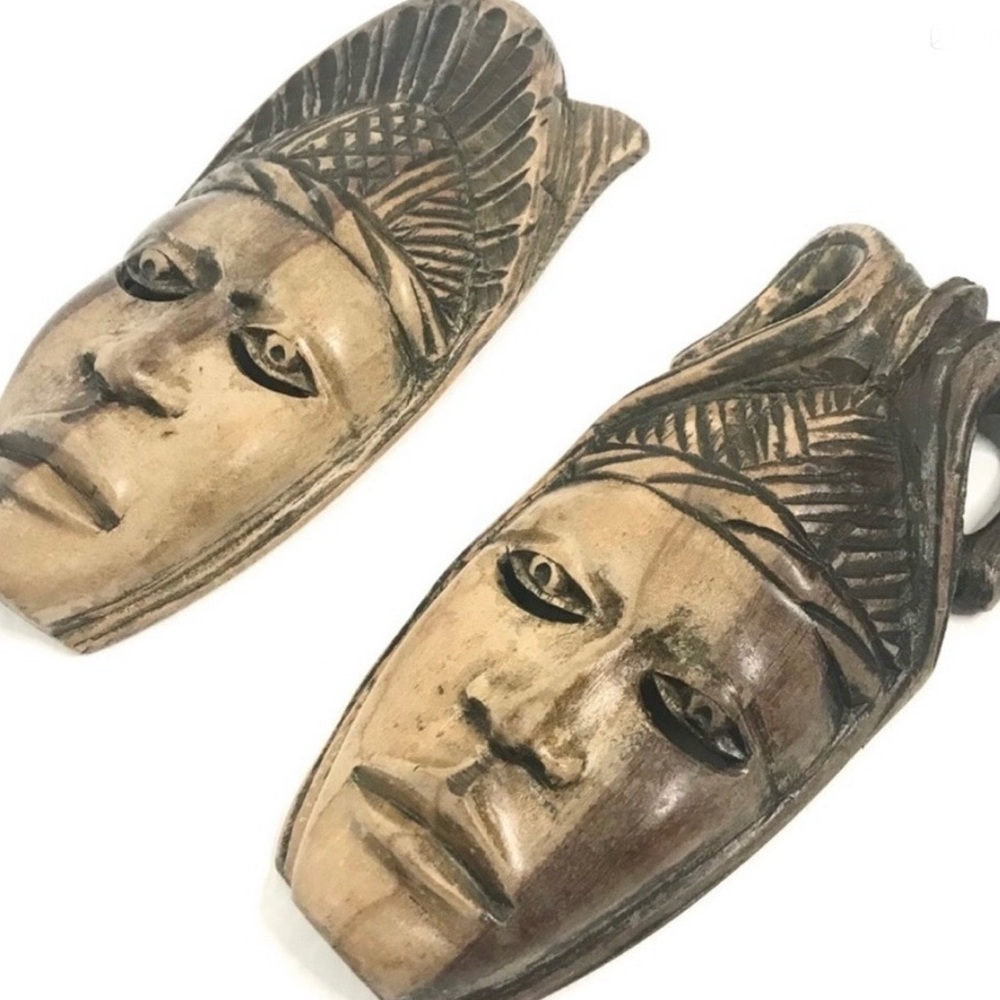 Vintage Masks Hand Carved Wooden Tribal Faces Exotic Folk Art Pair Sculptures - Picture 2 of 8